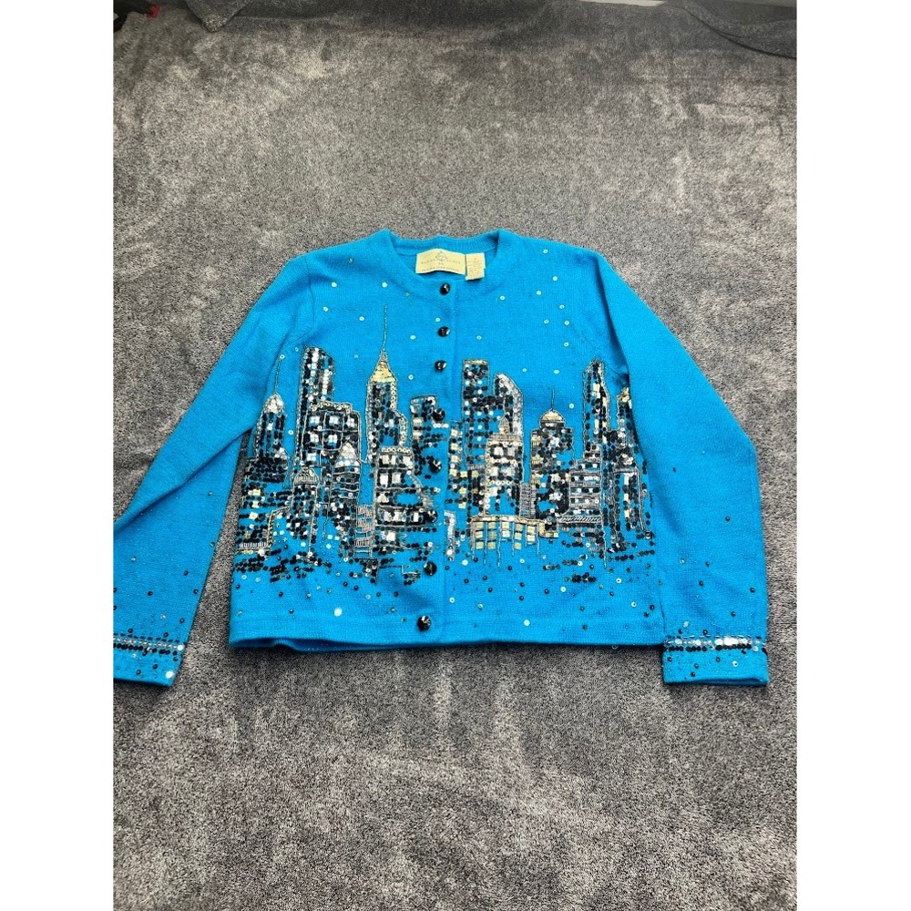 Design Options Philip Jane Gordon NYC Skyline Sequin Cardigan Sweater Blue Small